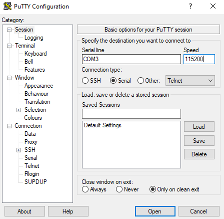 PuTTy Seri Bağlantı Ayarları